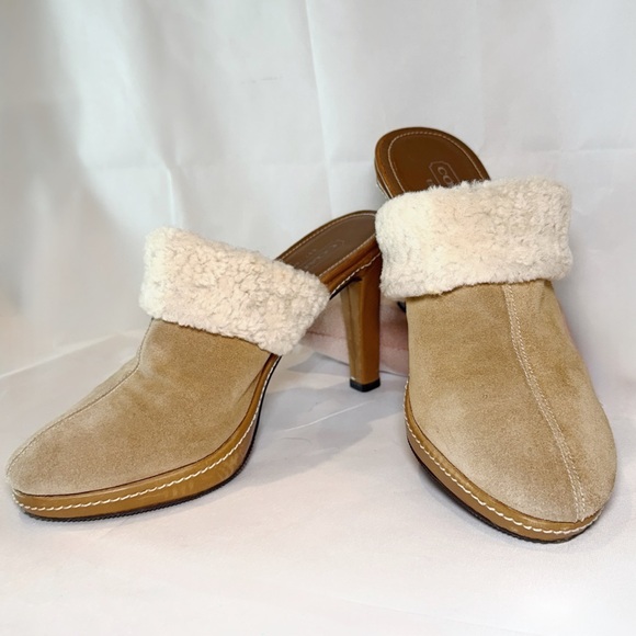 Size 8.5 COACH Kacie Camel/ Suede Slip On High Heel/ Clog - Picture 1 of 10